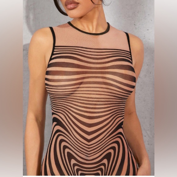 Striped Black and Tan Mesh Bodycon Dress brand new never worn - Picture 5 of 12